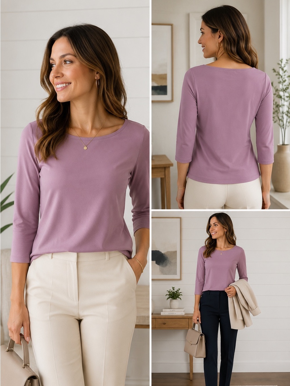 RW&CO Mauve 3/4 Sleeve Boatneck Top - L
